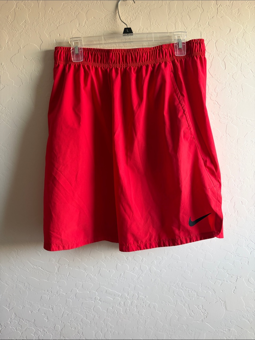 Nike Men's Bright Red Athletic Shorts with Black Swoosh